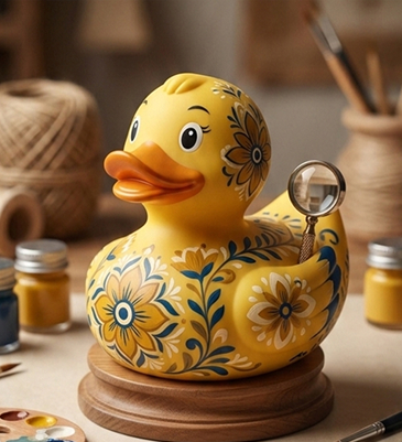 Image of a hand-painted duck with floral motives